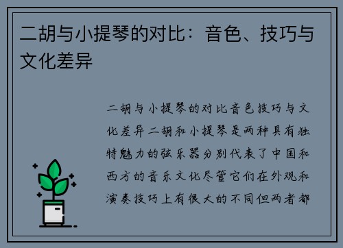 二胡与小提琴的对比：音色、技巧与文化差异